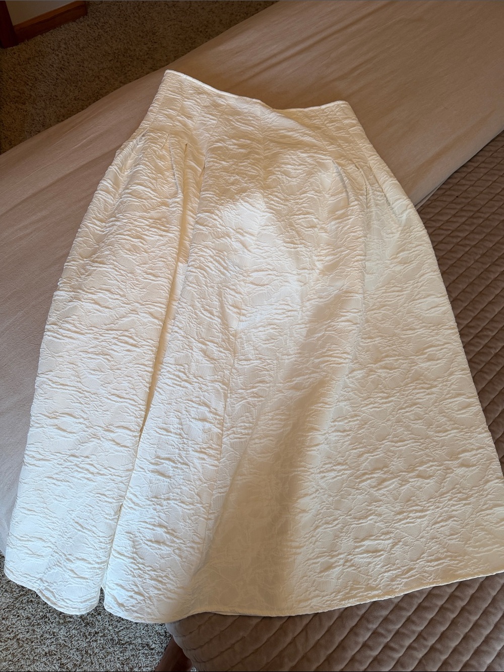 Textured White A-Line Midi Skirt